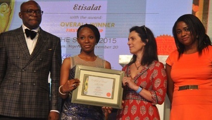 L-R: Dr. Ken Egbas, Founder, Social Enterprise Report and Awards (SERAs); Mrs. Oyetola Oduyemi, Manager, Corporate Social Responsibility, Etisalat Nigeria; Indira Kartallozi, Chair, SERAs Awards Jury; Rose Makinwa, Officer, Corporate Social Responsibility, Etisalat Nigeria, at the SERAs Awards where Etisalat emerged first runner up, Best CSR in Nigeria 2015 in Lagos.